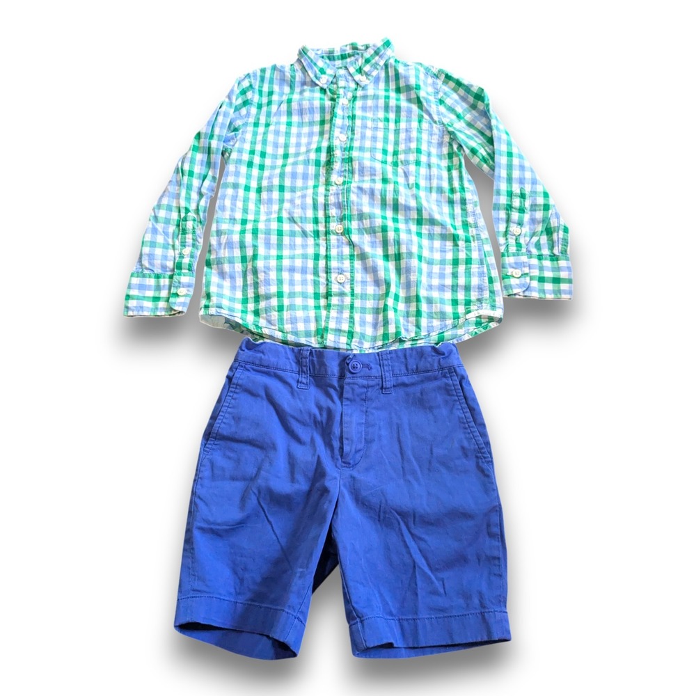 J Crew Crewcuts Set Green Blue Button Down Shirt + Shorts Boys 4-5